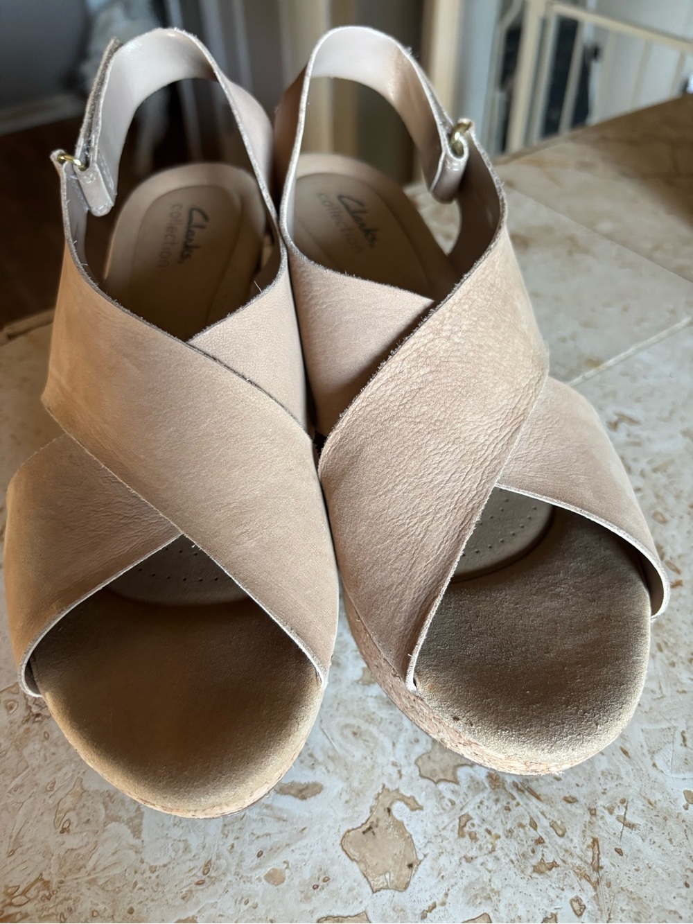 Clarks Beige Crisscross Wedge Slingback Sandals